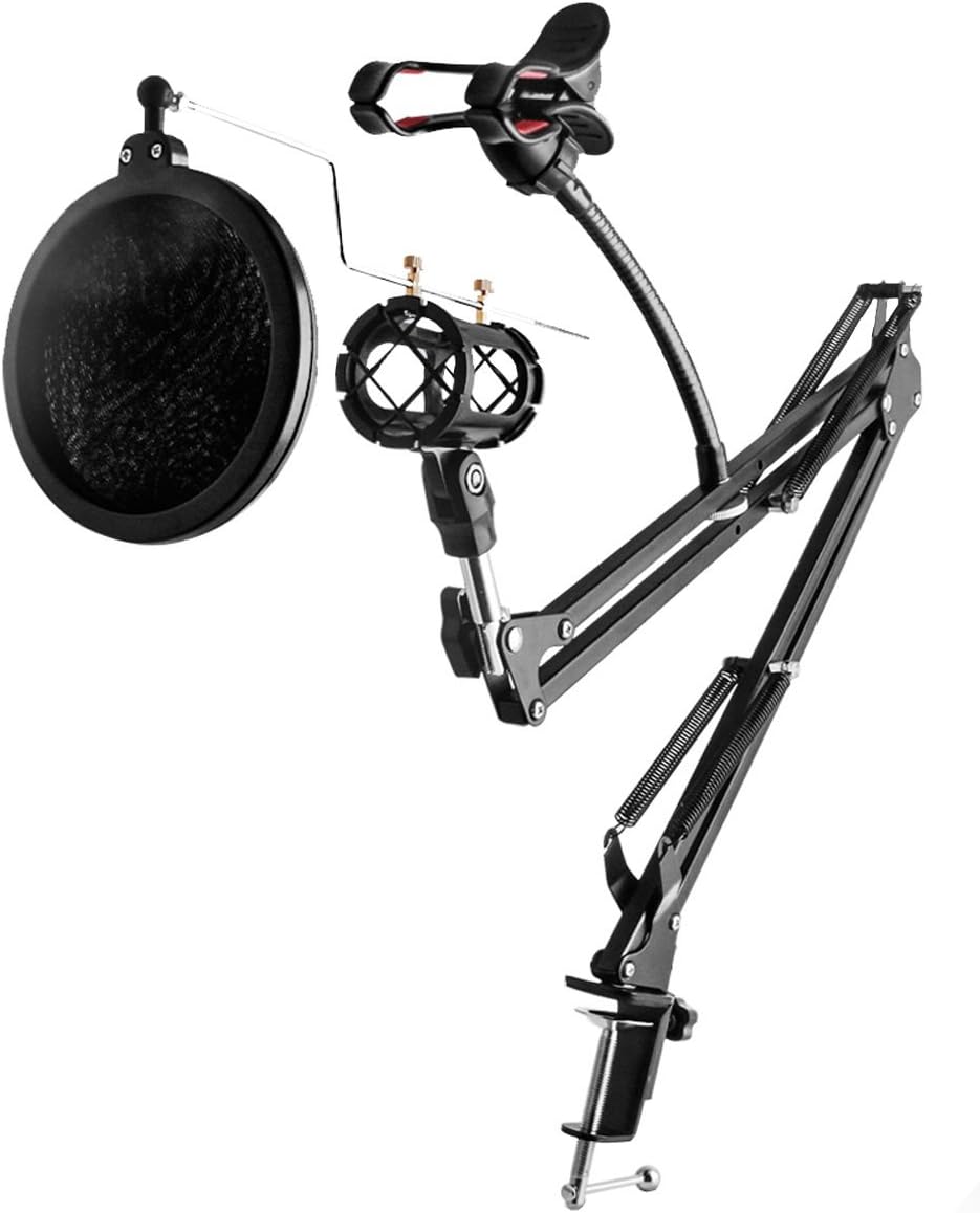 Microphone & Phone Holder Kit,Ouonline Professional 360ยฐAdjustable Metal Music Microphone and Phone Stand Suspension Scissor Arm Stand Kit with Pop Filter for Internet Karaoke / Phone Karaoke / MV Recording or More