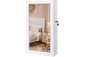 SONGMICS Lockable Jewelry Cabinet Armoire with Mirror, Wall-Mounted Space Saving Jewelry Storage Organizer, Christmas Gift, White UJJC51WT