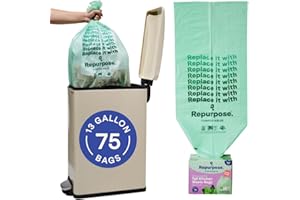 REPURPOSE COMPOSTABLES Repurpose 13 Gallon Compostable Kitchen Trash Bags, 75 Bags, BPI Certified, Leak-Proof, FDA Approved, Recyclable Packaging