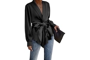 ACEVOG Women's Satin Blouse Wrap Tie Waist or Open Front Shirt Silk Drape Dressy Long Sleeve Top