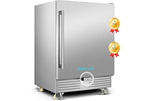 FoMup Outdoor Refrigerator 24 Inch, Undercounter Beverage Fridge with Wheels, 180 Cans Waterproof Stainless Steel Fridge for Outdoor Kitchen and Patio