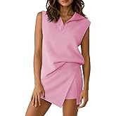 Fisoew Womens 2 Piece Skirt Sets Summer Sleeveless Half Zip Sweatshirt Athletic Skorts Tennis Outfits Casual Sweatsuits