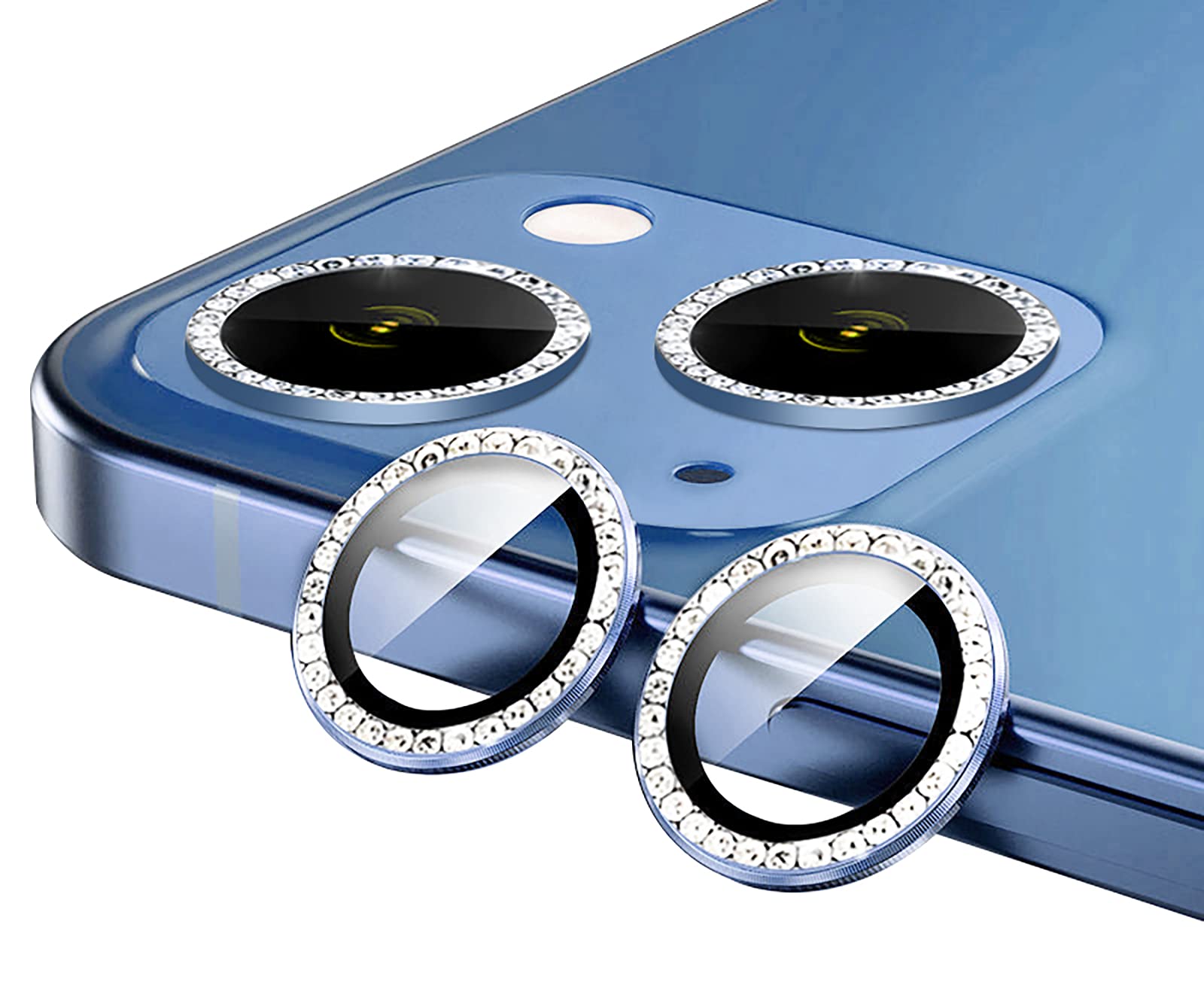 GIOPUEY Camera Protector for iPhone 13, Bling Crystal Diamond Camera Protection Ring, 9H HD tempered glass, iPhone 13 mini Camera Lens Protector - Blue