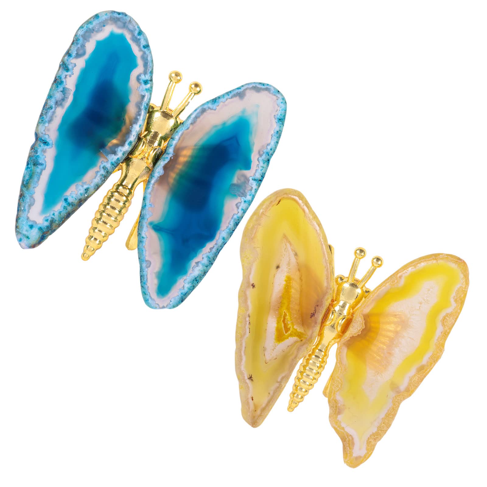 mookaitedecor Set of 2 Blue & Yellow Agate Slices Crystal Butterfly Decoration Collectible Figurines, Crystal Stone Animal Gifts, Semi Precious Stones Art Butterfly Ornaments for Home Reiki Healing