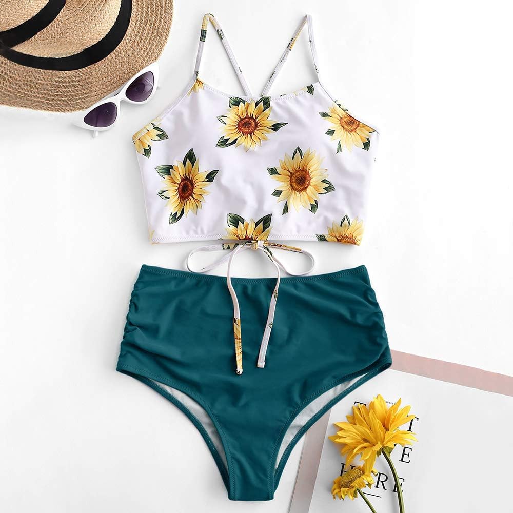 ZAFUL Womens Spaghetti Straps Sunflower Lace-up High Waisted Tankini Set