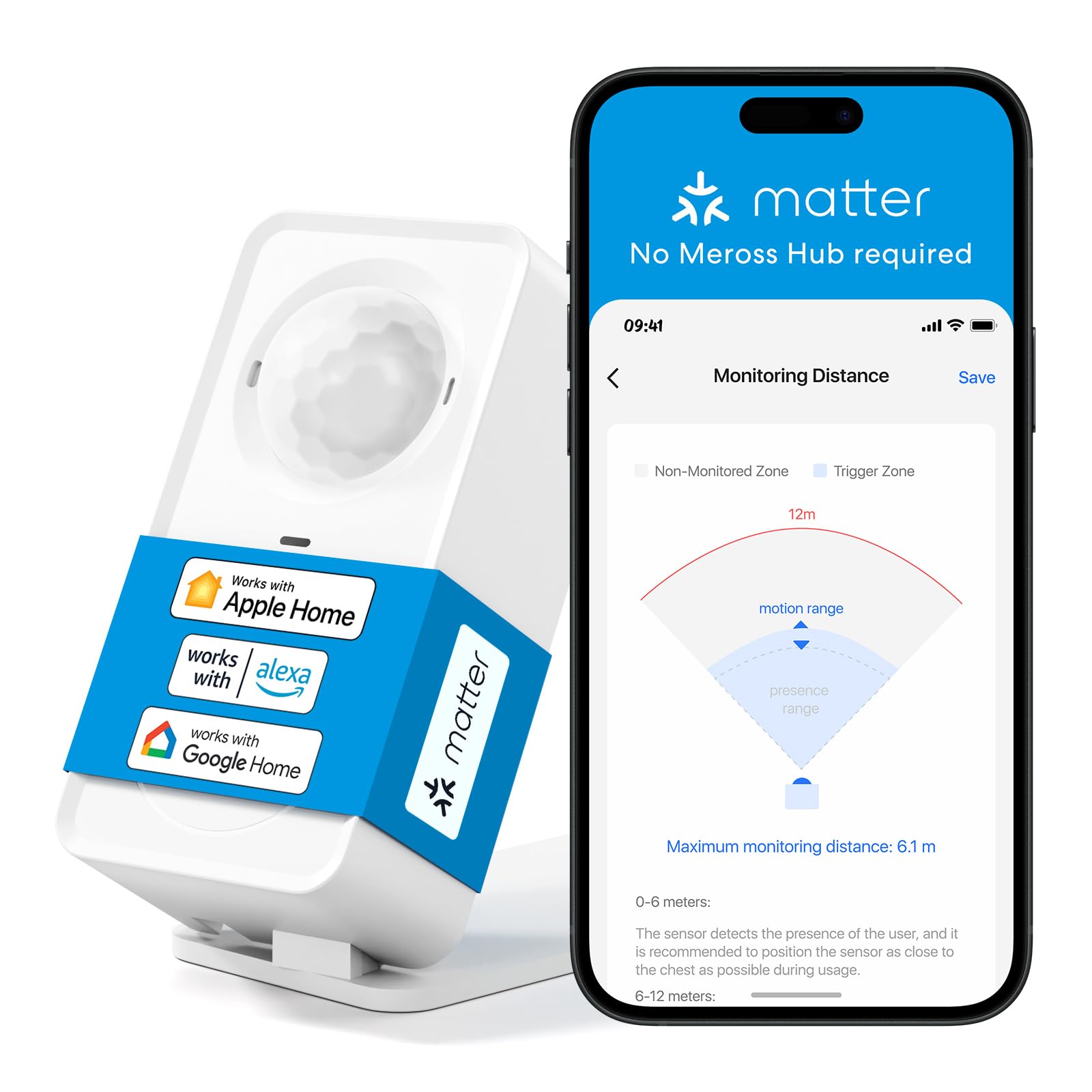 Photo 1 of meross Matter Human Presence Sensor, 2.4GHz Wi-Fi mmWave Radar & PIR & Light 3 in 1 Motion Sensor, Motion Detector for Matter Smart Home Automation and Security, Supports HomeKit, Alexa, Google Home