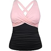 Hilor Women's Underwire Tankini Top Plus Size Swimsuits Tummy Control Bathing Suit Tops Crossover V Neck Swim Top