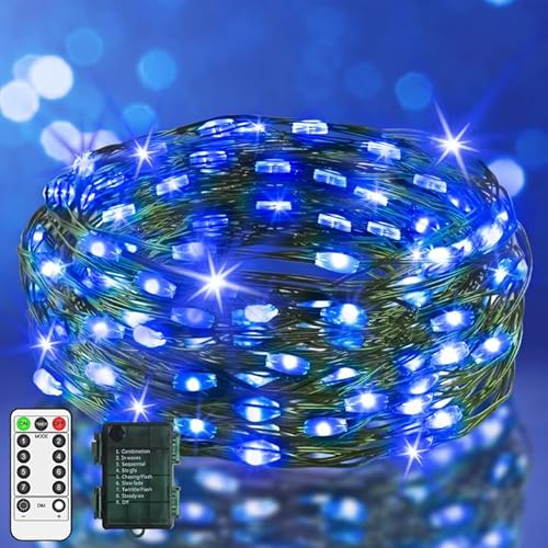 9.9 FT 60 LED Fairy Lights Battery Operated String Lights Green Copper Wire Christmas Lights with Remote Timer 8 Modes for Tree Greenery Bedroom Garland Wreath Garden Wedding Decoration Blue