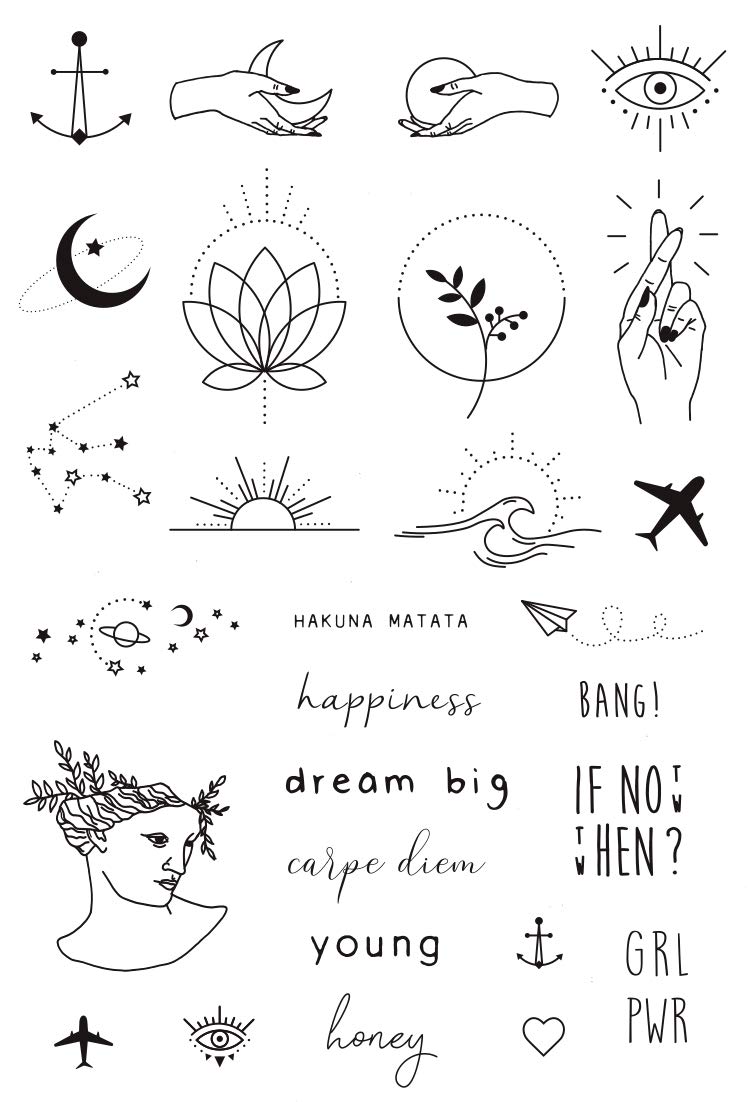 Tatsy Temporary Tattoo Set, The Simple Set, For Women and Men, Original, Unique Design, Cover Up, Modern, Hipster, Minimalistic Tiny, Urban, Writing, Stars, Anchor, Heart, Hands, Waterproof Tattoos