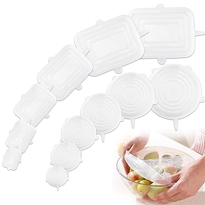 Klsniur Silicone Lid,12 PCS Reusable Kitchen Silicone Stretch Lids,Various Sizes Seal Bowl Stretchy Wrap Cover for Containers, Cups, Plates, Microwave (Clear)