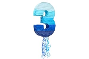 BLUE PANDA Ombre Blue Number 3 Pull String Pinata - Interactive Pull-String Surprise with Number 3 Pinata for Ocean-Themed Birthday Decoration for Boys & Girls - Pack of 1, Paper, 16.5 x 11.5 x 3 in