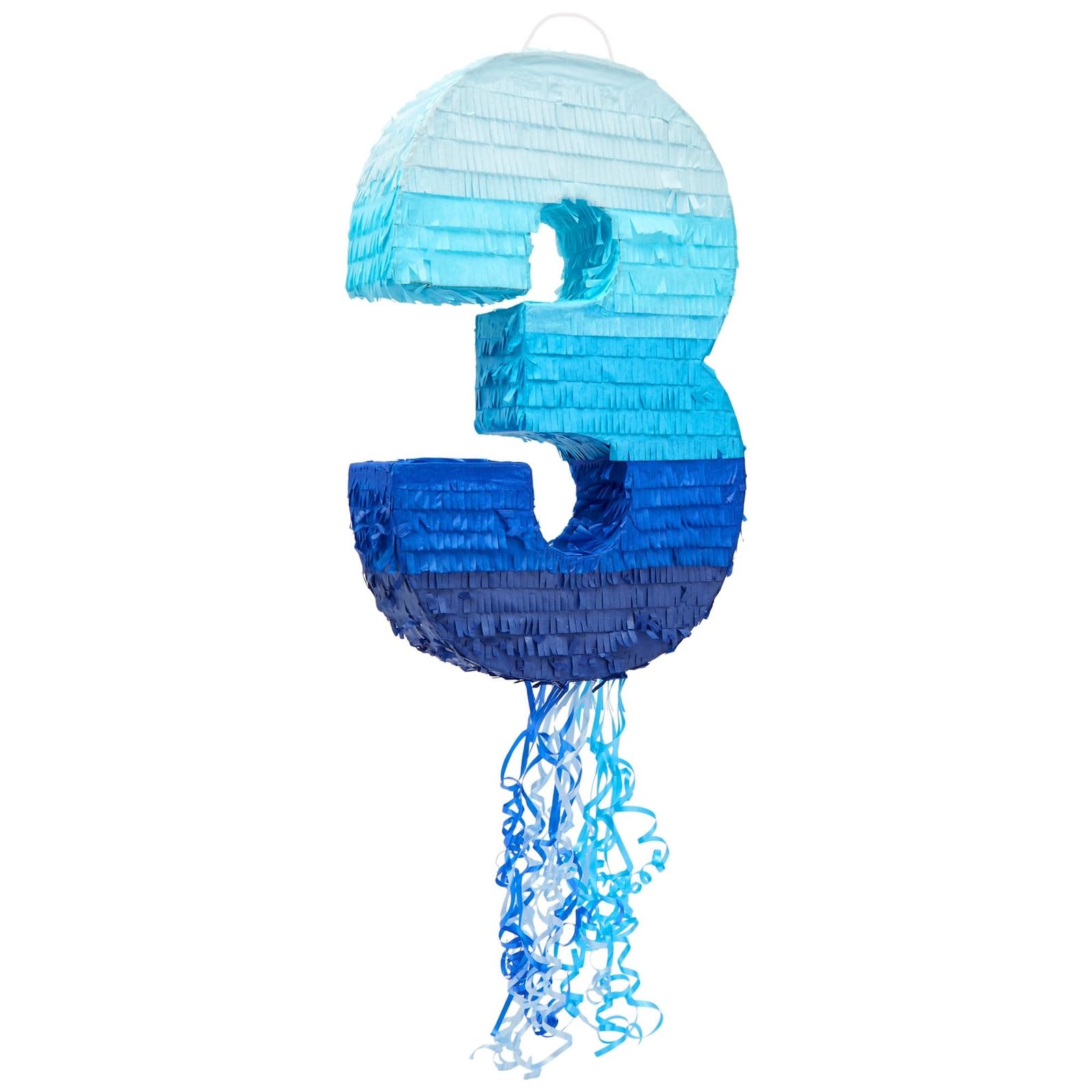 Photo 1 of Ombre Blue Number 3 Pull String Pinata for Kids, 16.5"x3"x11.5" Fillable Hanging Decoration for 3rd Birthday Decorations for Boys Girls, Holds Candy, Confetti