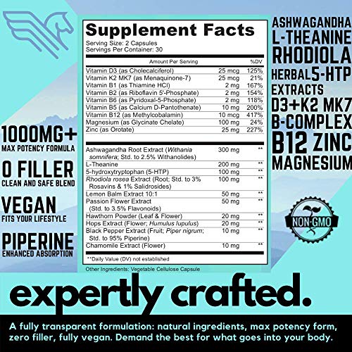Serenity Anxiety Relief Supplement, 1000mg+ Ashwagandha Herbal Blend with B12, Rhodiola, L