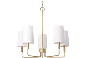 Homebelife Chandelier, Brushed Brass with White Fabric Shade, Farmhouse Linear Island Lighting Fixture for Kitchen, Dining Room (5-Light Brass Gold with Fabric Shades)