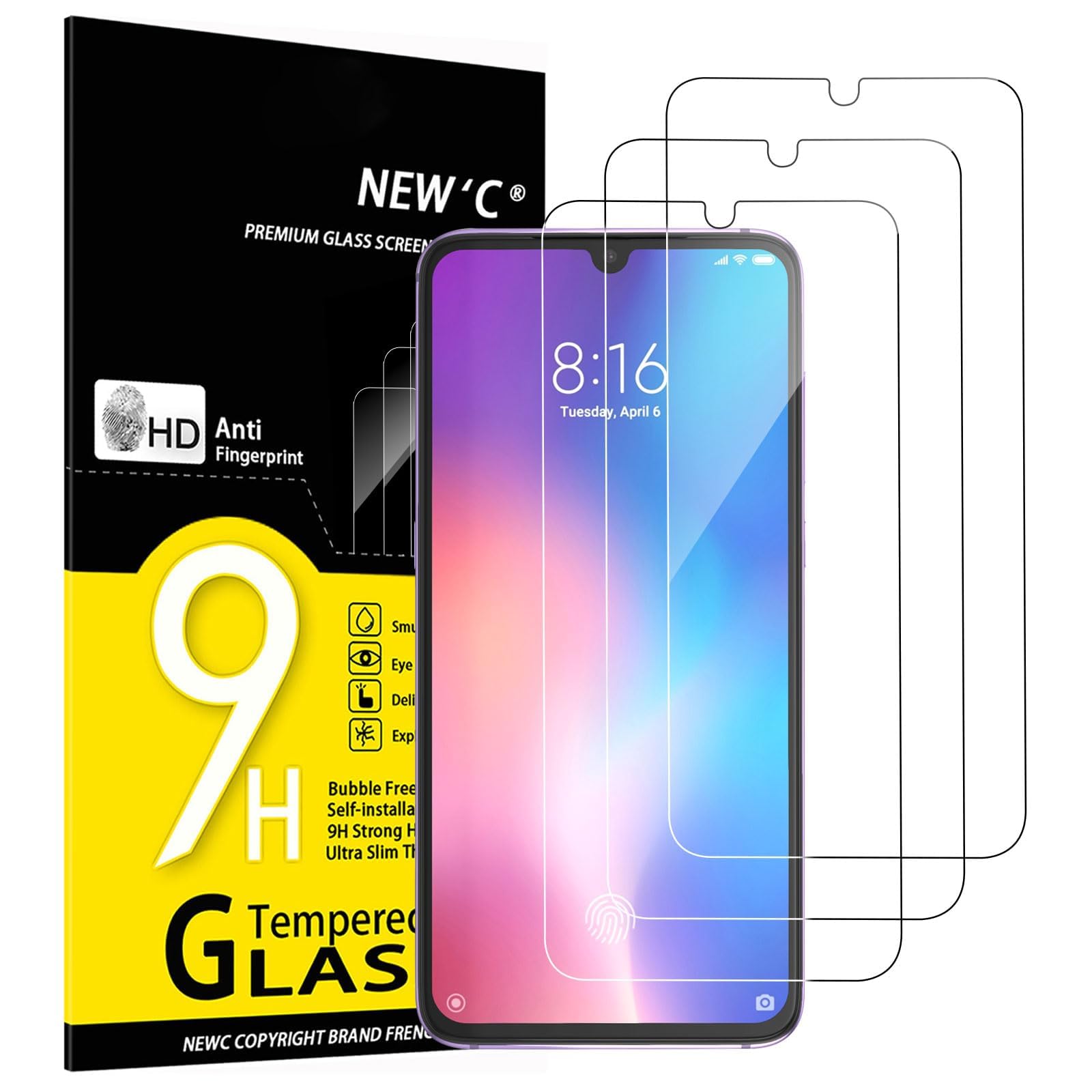 NEW'C 3 Pack Designed for Xiaomi Mi 9, Mi 9 Pro Screen Protector Tempered Glass,Case Friendly Scratch-proof, Bubble Free, Ultra Resistant