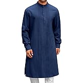 Runcati Mens Kaftan Robe Button Down Long Sleeve Cotton Linen Thobe Casual Muslim Gown Henley Shirt