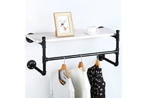 JIANZHUO Industrial Pipe Clothing Rack Wall Mounted with Wood Shelf,Retail Garment Rack Display Rack Cloths Rack,Pipe Shelving Floating Shelves