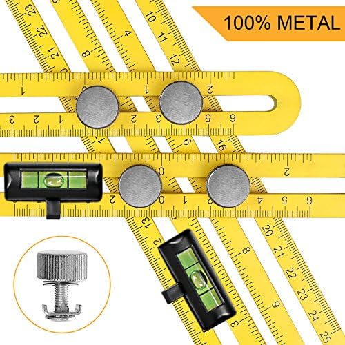 Qooltek Multi-Angle Measuring Ruler - Aluminum Alloy Template Tool - Great Layout Tool with A Storage Bag &amp; 2 Level Bubbles(Yellow)