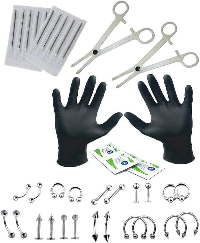 1Set Professional Piercing Kit Ear Nose Navel Nipple Piercing Set With Jewelry Needles Gloves