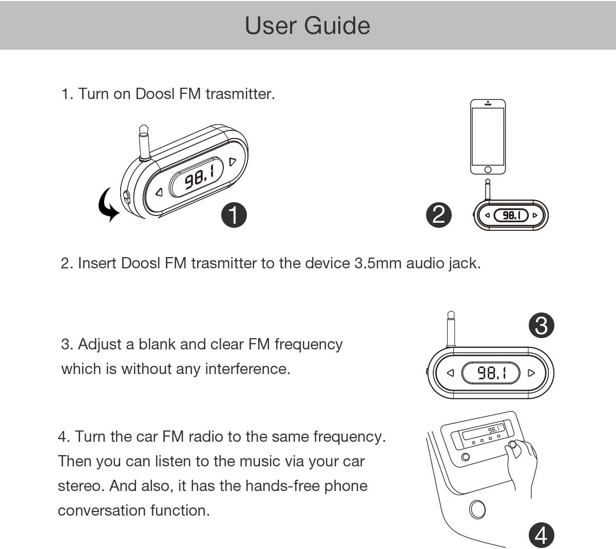 FM Transmitter, Doosl Universal Wireless in-Car Radio Adapter FM Modulator Music Player & Hands-Free Calls for iPhone, Android