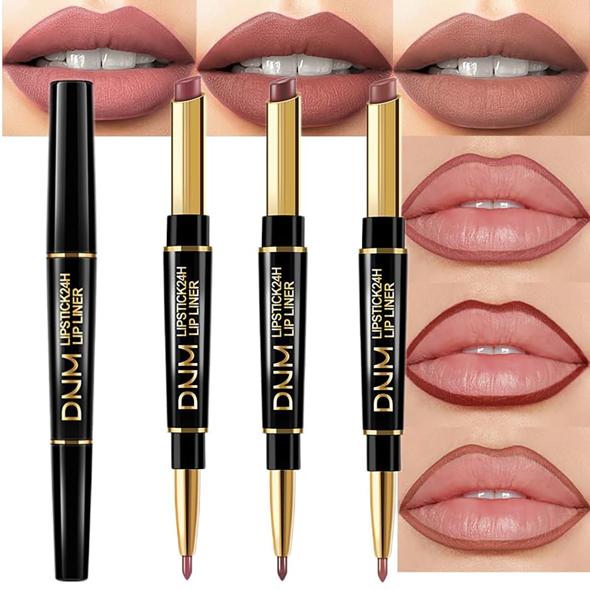 Photo 1 of 3Pcs Coral Pink, Milk Tea, Rose Mauve Lip Liner and Lipstick Set – Double-Ended 2-in-1 Lip Liner and Matte Lipstick Combo, 24-Hour Wear, Smudge-Proof, Non-Drying, Lightweight, lapiz de labios (Set A)