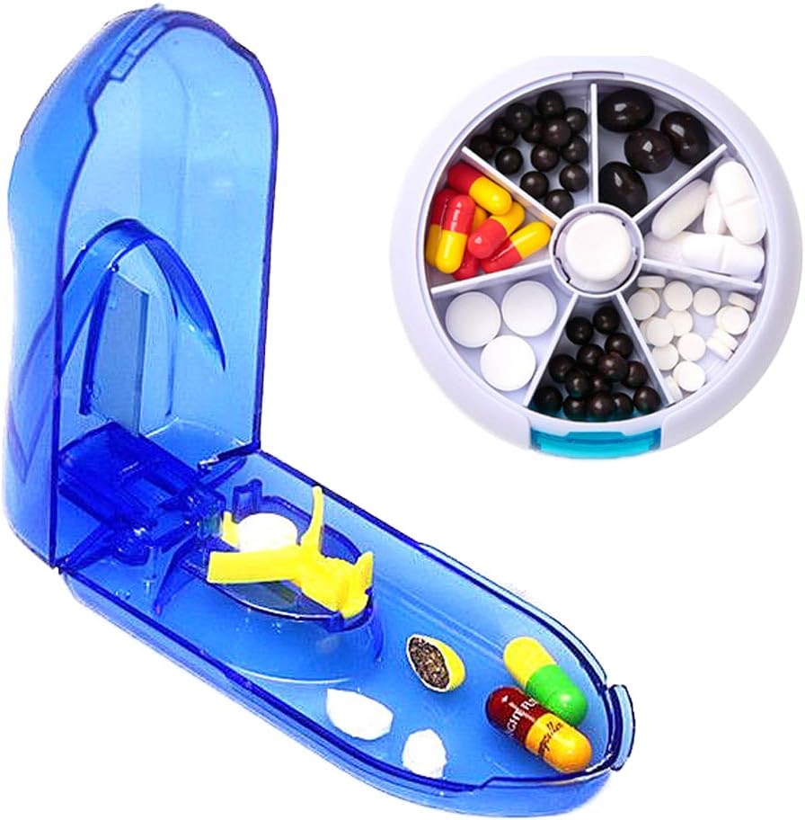 Angzhili Pill Box 7 Days with Pill Cutter,Portable Pill Container Clamshell & Spinning Open Design Storage Splitters Box to Prevent Forgetting(Blue)