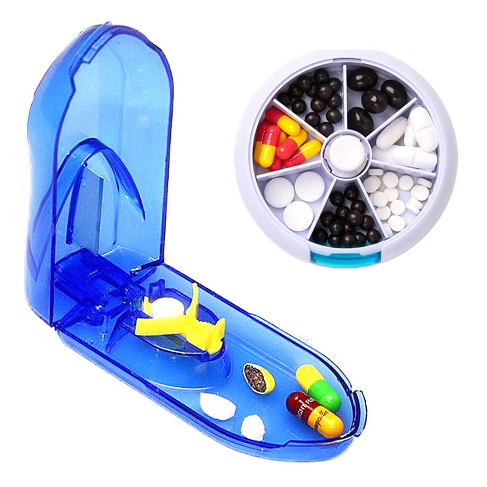 Angzhili Pill Box 7 Days with Pill Cutter,Portable Pill Container Clamshell & Spinning Open Design Storage Splitters Box to Prevent Forgetting(Blue)