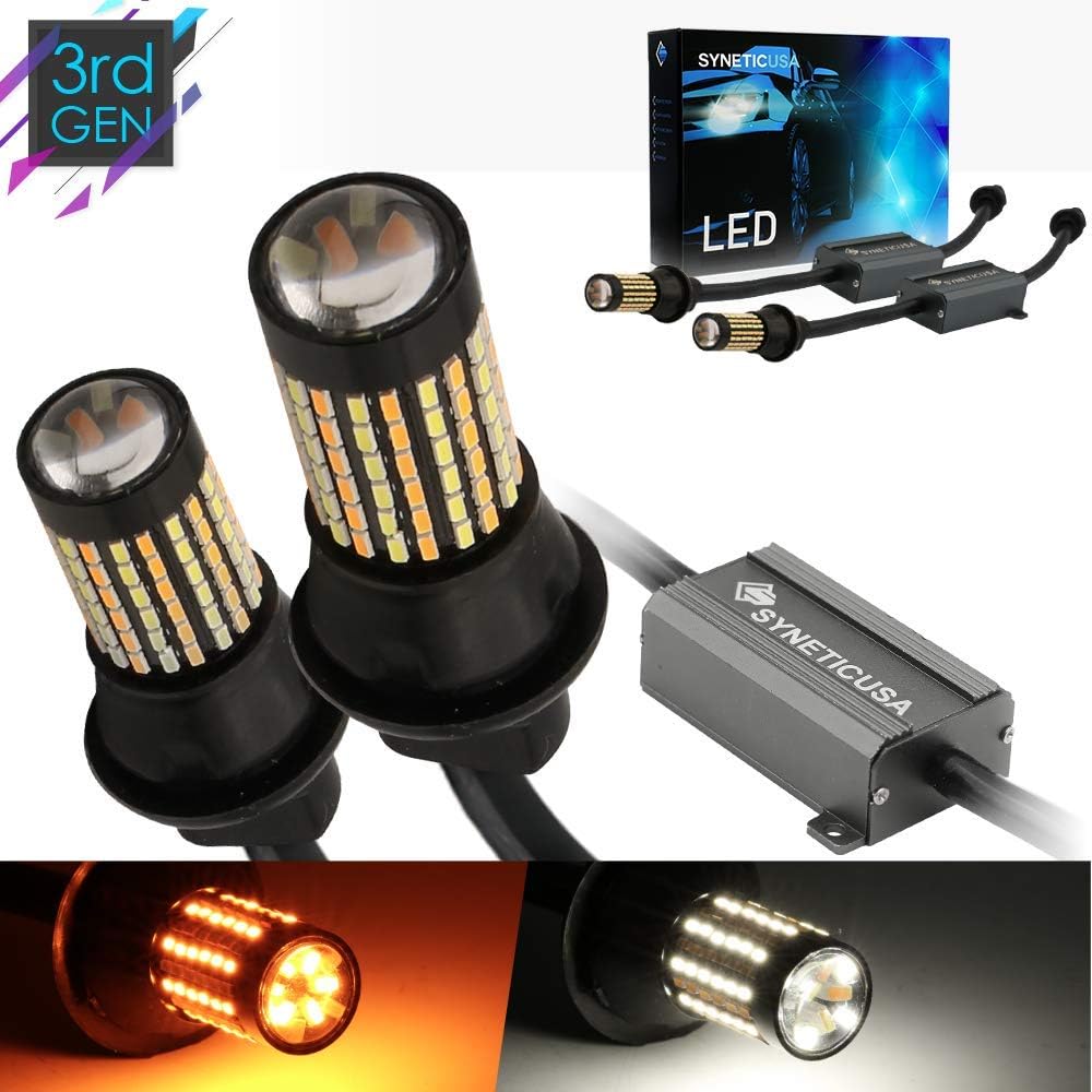 Syneticusa Error Free Canbus Dual Color Switchback LED Turn Signal Light Bulbs No Hyper Flash All in One Built In Resistors (Turn Signal-Amber, 7443)