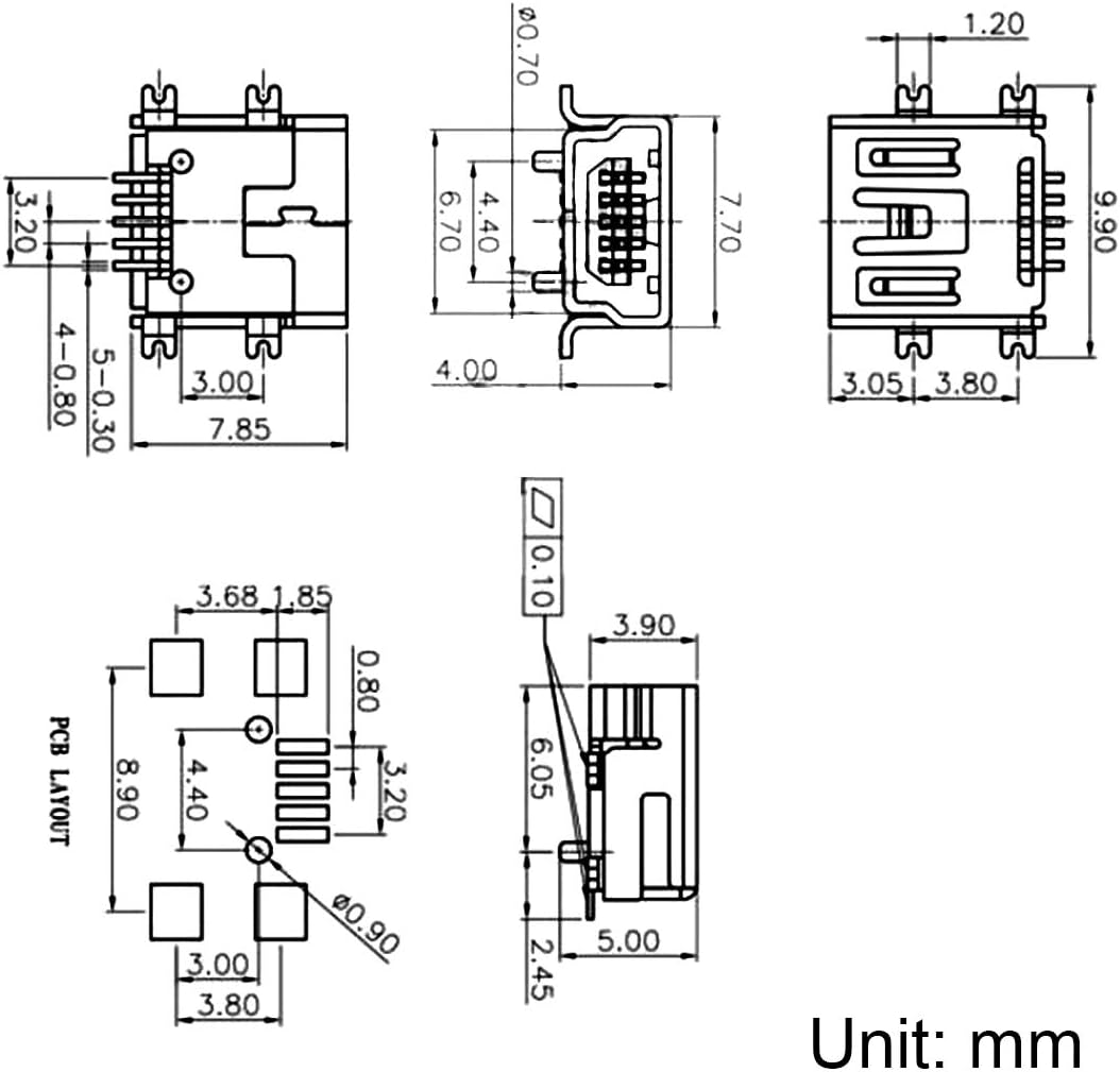 sourcing map Mini USB PCB Connector Type-B 5P Female Jack SMT Surface Mounted Devices Short Body 10Pcs, Type-B 5P SMT - Image 5