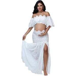 JustVH Maternity 2 Piece Outfits Dress Embroidered Boho Off Shoulder Ruffle Sleeve Tube Top & Split Long Skirt for Photoshoot