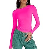 Women's Slim Fit Going Out Crop Tops Casual Solid Color Crew Neck Long Sleeve Tight Tee Shirt Basic Streetwear Rose Red