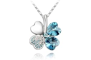 Acefeel Heart Shaped Four Leaf Clover Crystal Pendant Necklace Fashion Jewelry