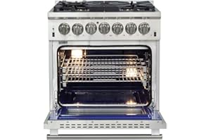 FORNO Capriasca Dual Fuel 30" Inch. Freestanding Range 5 Sealed Brass Burners Cooktop and 4.32 Cu. Ft. Electric Convection Oven - Stainless Steel Stove Range Heavy Duty Cast Iron Grates