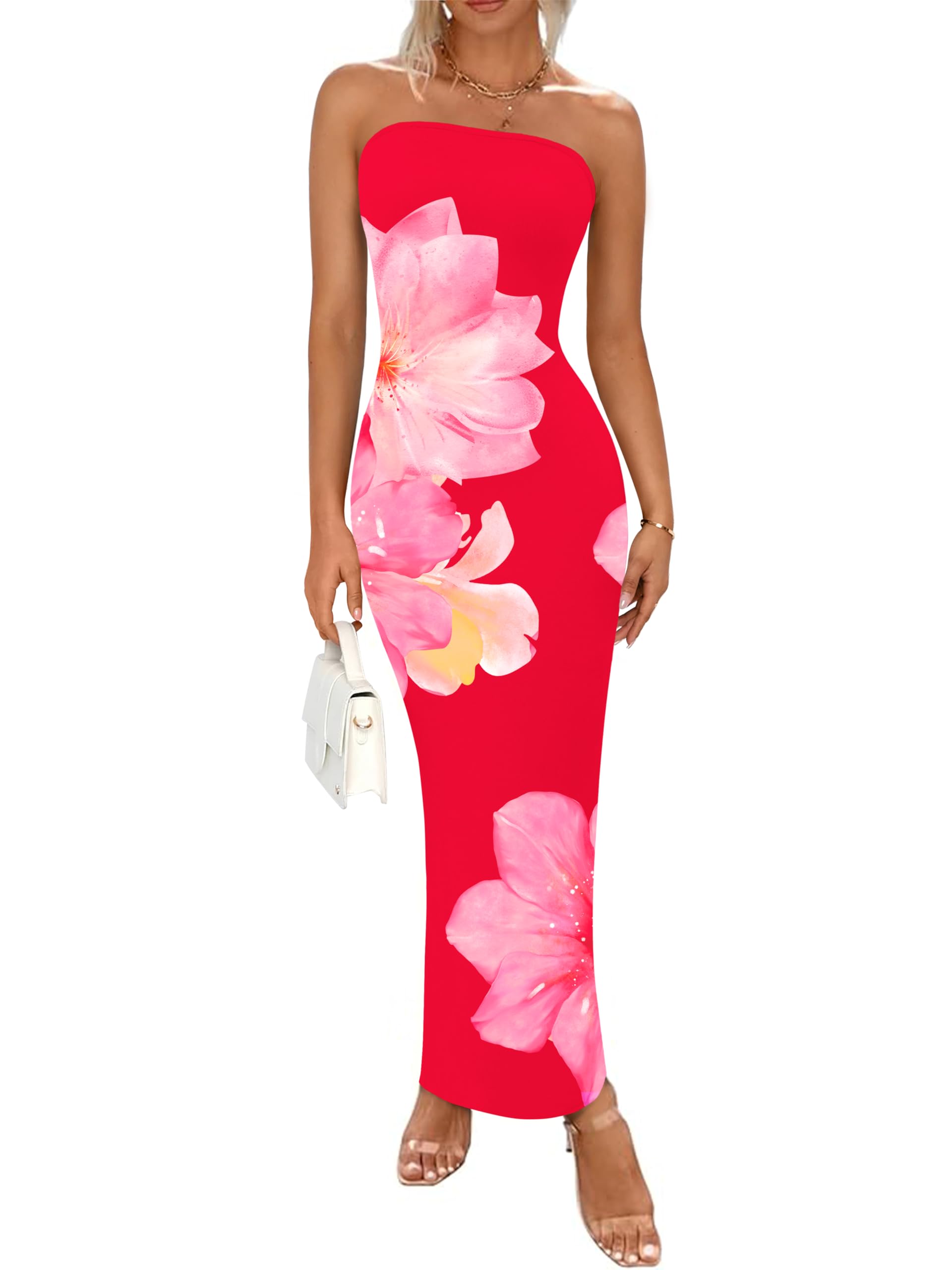 PRETTYGARDEN Women Summer Strapless Maxi Dress Bodycon Floral Sexy Long Wedding Guest Dress Formal Tube Mesh Cocktail Dresses(Red Pink Flower,Large) Image