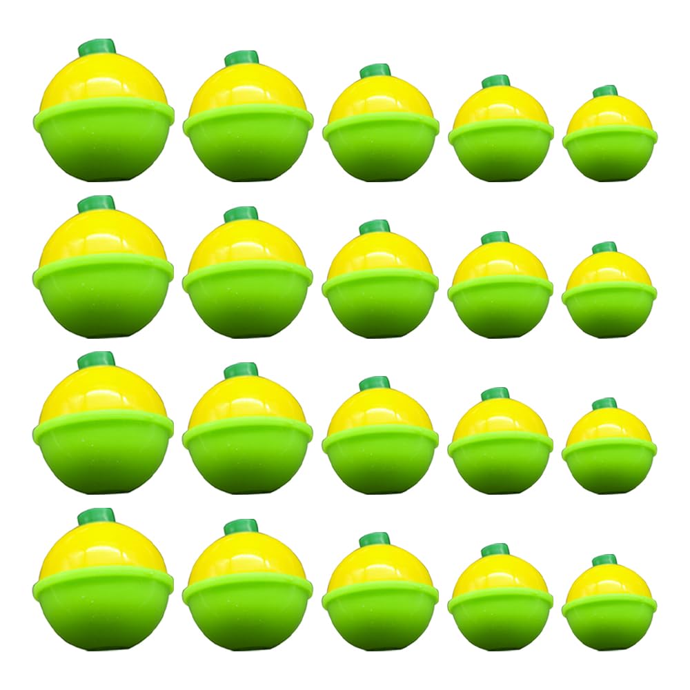 PmLwakiR 20 Pcs Fishing Snap On Floats Bobbers 5 Size Various Weights Push Button Sea Carp Hard ABS Push Button Fishing Round Buoy Float (Yellow and Green)