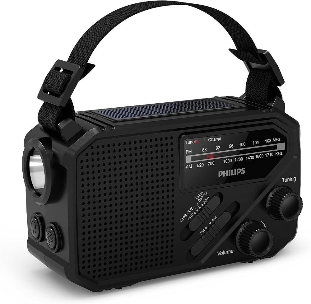 Philips TAR1609 Portable FM/AM Radio with Solar USB Crank Battery Torch