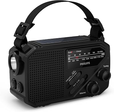 Philips TAR1609 Portable FM/AM Radio with Solar USB Crank Battery Torch