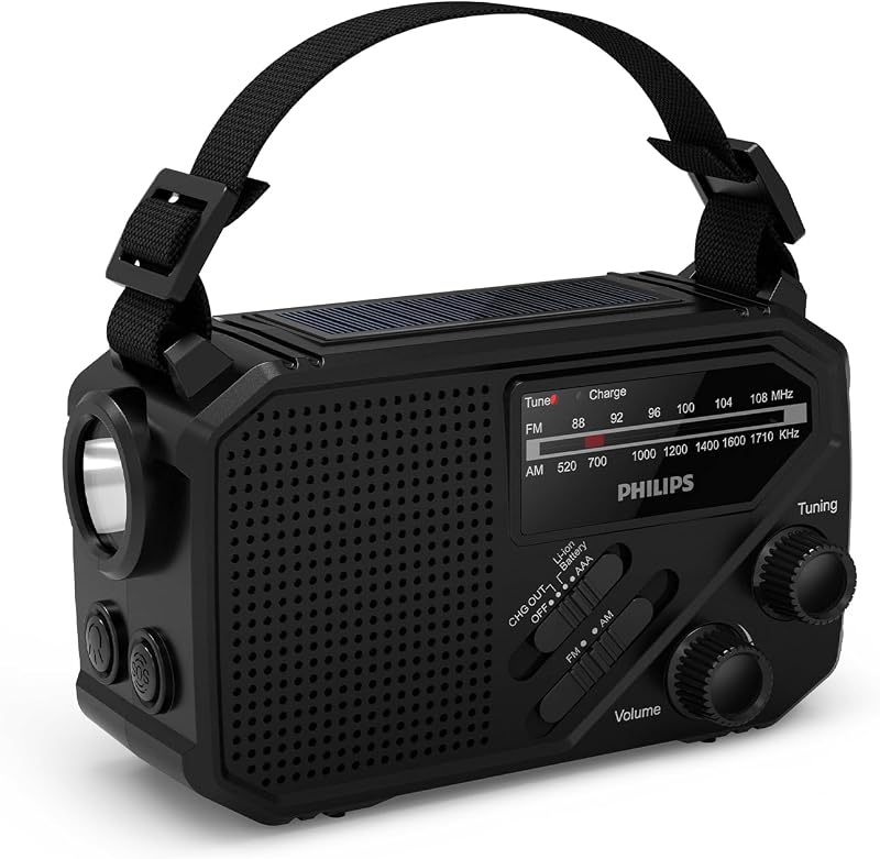 Philips TAR1609 Portable FM/AM Radio with Solar USB Crank Battery Torch