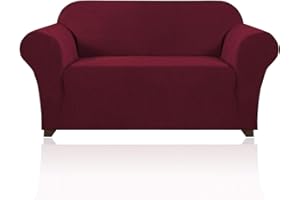 PrinceDeco Stretch Loveseat Sofa Cover Slipcover Couch Cover for 2 Cushion Sofa Washable Sofa Cover for Pets Friendly Furniture Protector Covers with Non Slip Bottom(Loveseat, Burgundy Red)