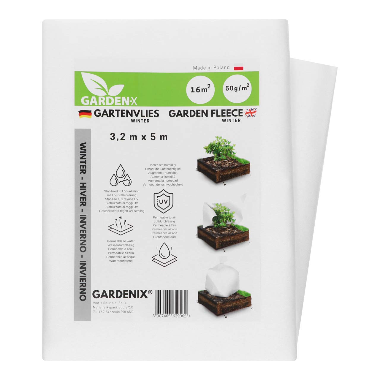 GARDENIX® 16 m² Winter Fleece for Plants - Frost Plant Protection - UV stabilised 50g/sm - Tear-Resistant and Water Permeable (3,2m x 5m)
