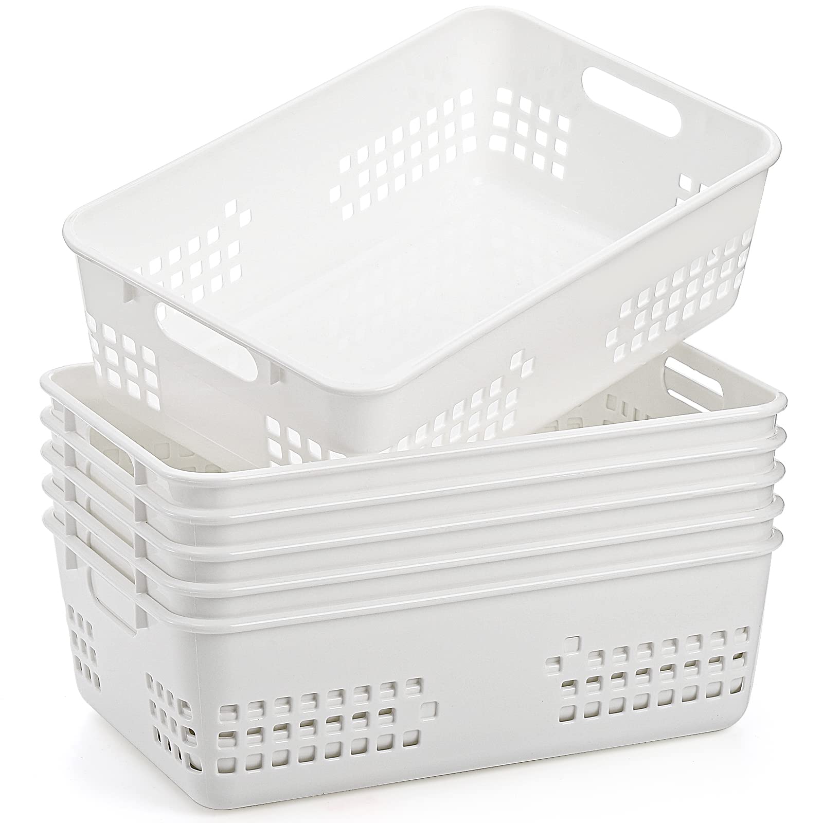 Photo 1 of ** USED** Jucoan 6 Pack White Plastic Storage Baskets, 12 X 8 X 4 Inch Large Plastic Storage Organizer Tray Bin with Handles for Classroom, Drawer, Closet, Bathroom Kitchen