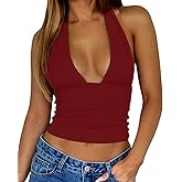 ForeFair Women Sexy Halter Deep V Neck Backless Crop Tank Top Open Back Sleeveless Slim Fit Y2k Summer Tops
