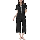 Joyaria Womens Satin Capri Pajama Sets,Silky & Lightweight Short Sleeve Button Down Sleep Set (Black,XXL)