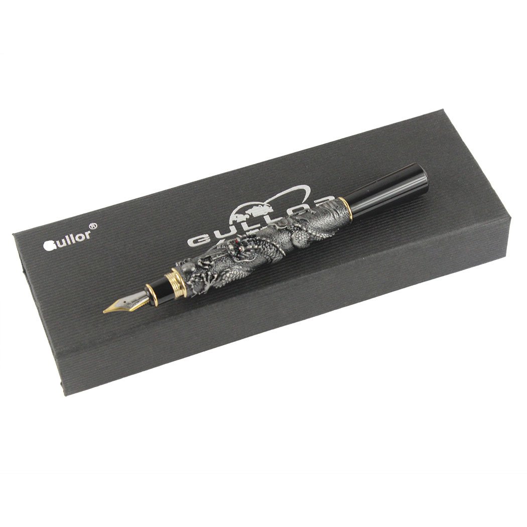 Gullor Chinese Dragon Antique Silver Basso-Relievo Fountain Pen with Original Pen Box and 5 Color Ink Cartridges