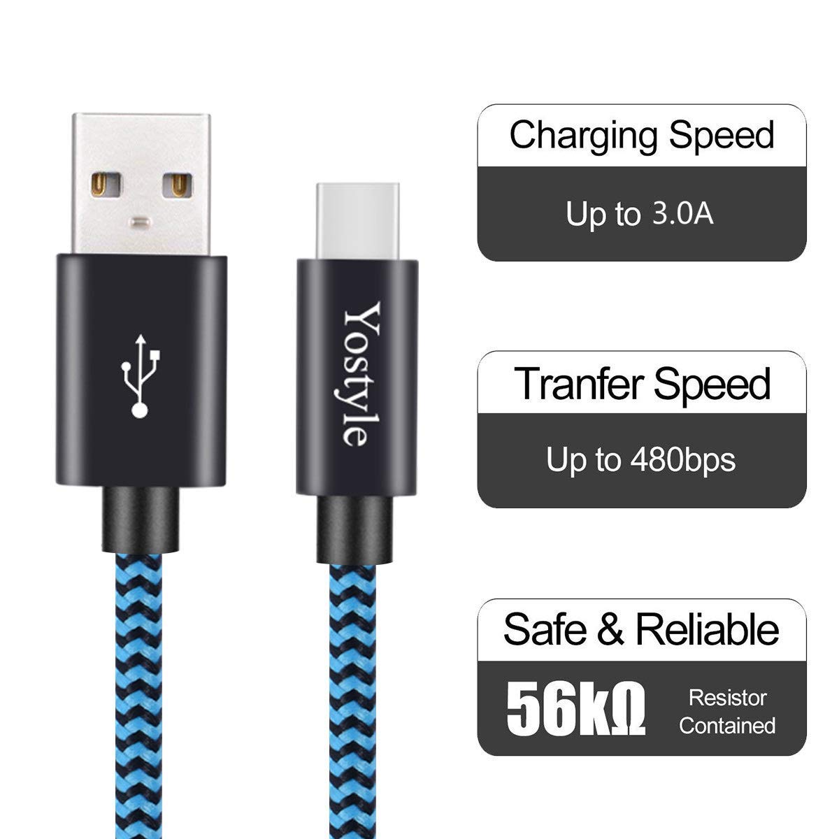 USB-C Cable, Type C Fast Charge High Speed Sync Nylon Braided Cable for Samsung Galaxy S9/S8+, Note 8, Nintendo Switch, Sony Xperia XZ, Google Pixel, HTC 10/U11, OnePlus 5T, Huawei P9 [2 Pack/2M]