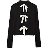 Pinclodly Tie Front Cardigan Sweaters for Women Y2K Bow Tie Open Front Cardigans Crewneck Long Sleeve Sweaters