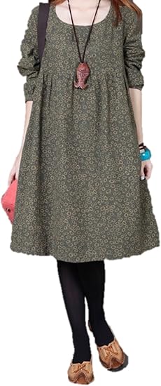 Amazon Co Jp 秋冬 レディース ワンピース 花柄ワンピース 花柄 カントリー風 ゆるワンピ ボヘミアン レトロ ゆったり ひざ丈 長袖 ラウンドネック リラックス 体型カバー カジュアル 膝丈 綿麻 カジュアル ナチュラル系 K9048 2xl イエローグリーン 服