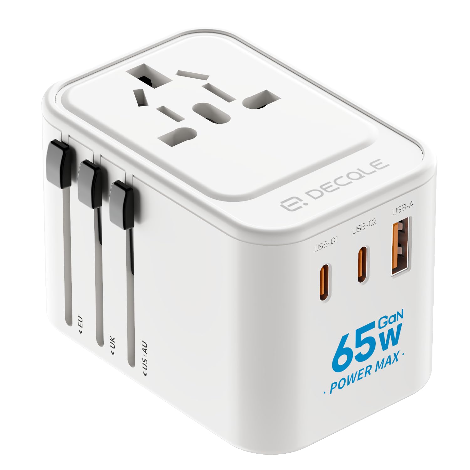 Universal Travel Adapter, International Travel Plug Adapter with 2 USB-C(GaN 65W) ＆ 1 USB-A Ports, All in One Portable for USA, UK, EU, AU ＆ 224+ Countries (White) UK