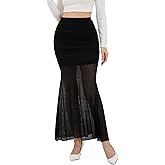 NASHALYLY Women's Mesh High Waisted Bodycon Mermaid Maxi Skirts Ruched Fishtail Long Skirt