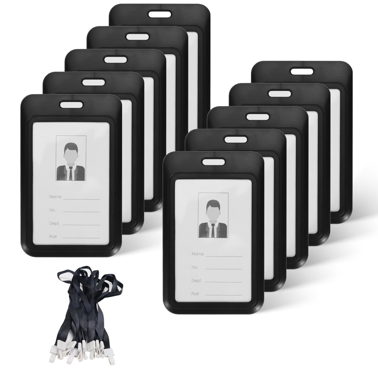 Realand 10Pcs Sliding ID Badge Holder with Lanyard, Hard Case Vertical ID Card Holder with Clear Window Work Badge Protector Sleeve Cover for Office Key Card Name Tag, Black